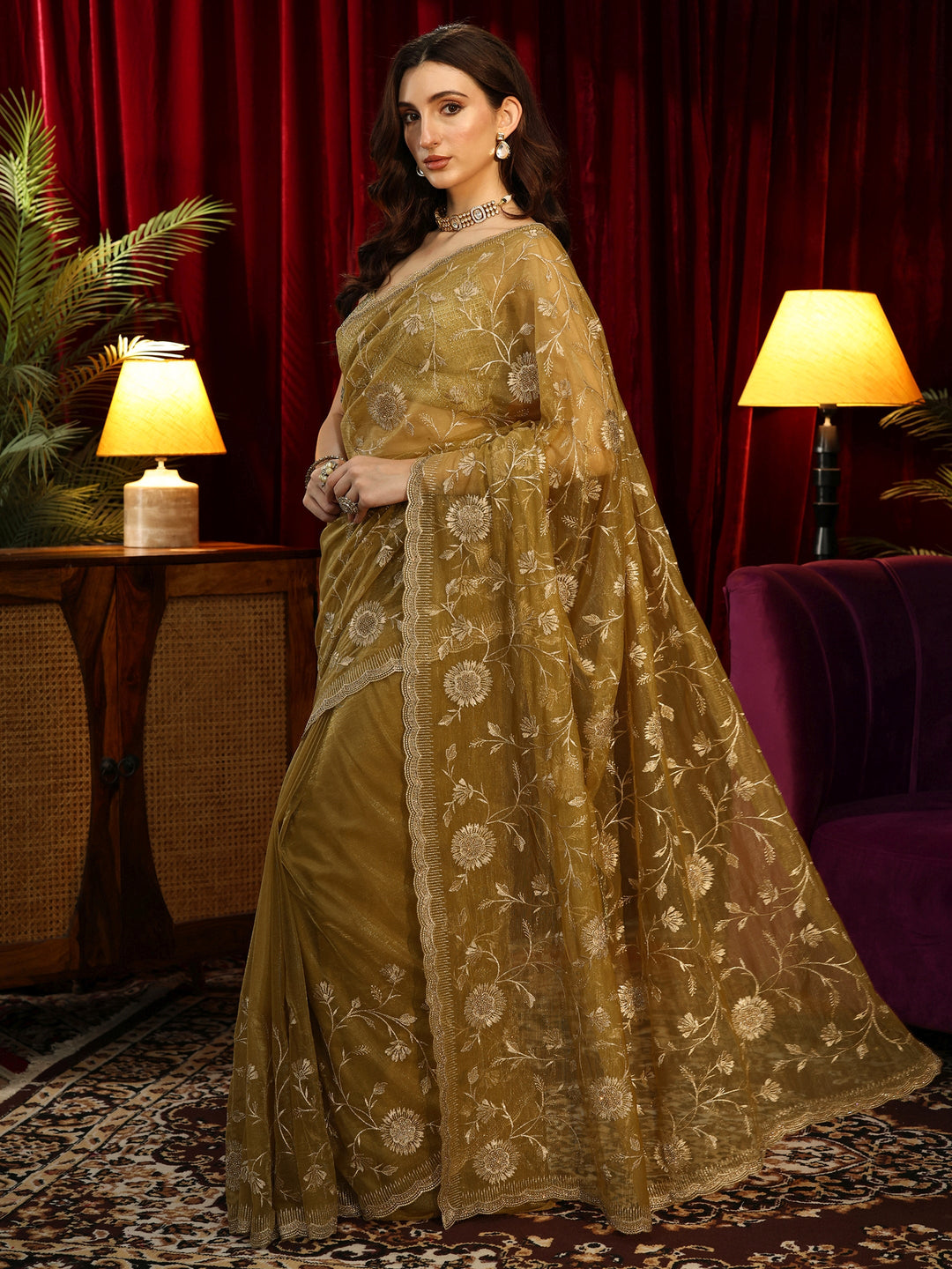  Dark Mustard Floral Embroidered Net Saree 