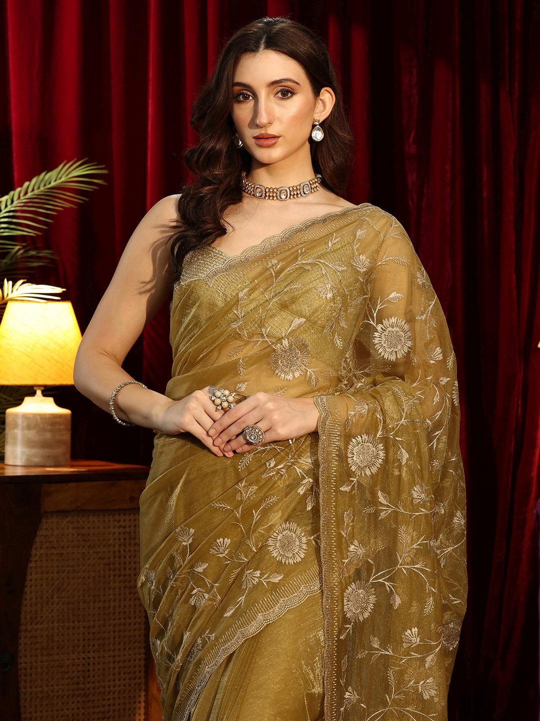  Dark Mustard Floral Embroidered Net Saree 