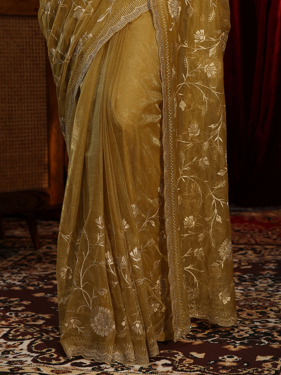  Dark Mustard Floral Embroidered Net Saree 