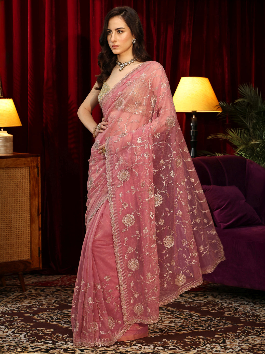  Rose Pink Floral Embroidered Net Saree 