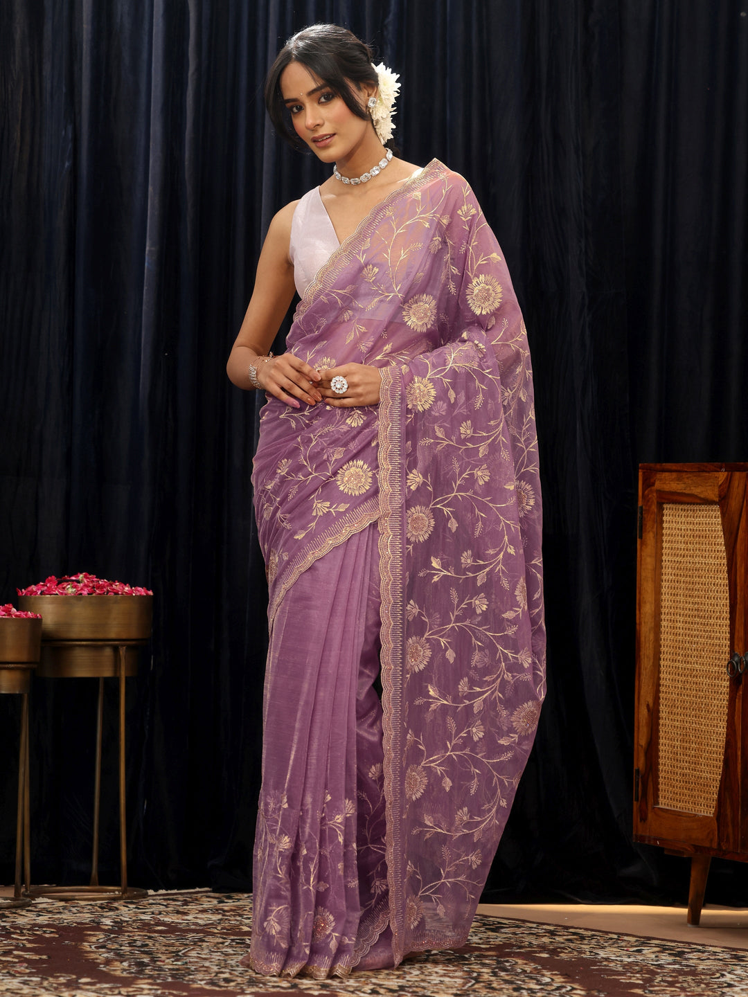  Amethyst Purple Floral Net Saree 