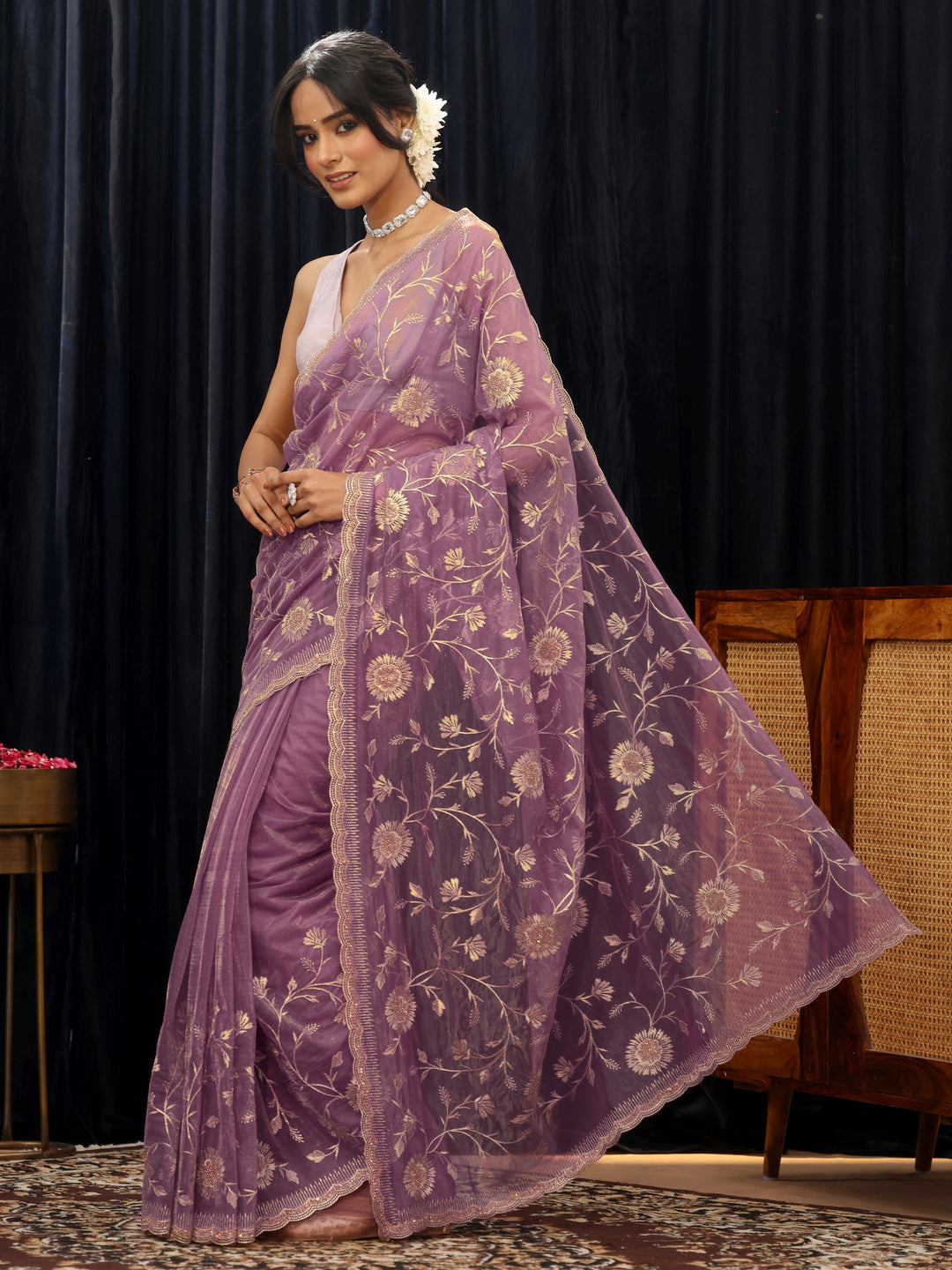  Amethyst Purple Floral Net Saree 