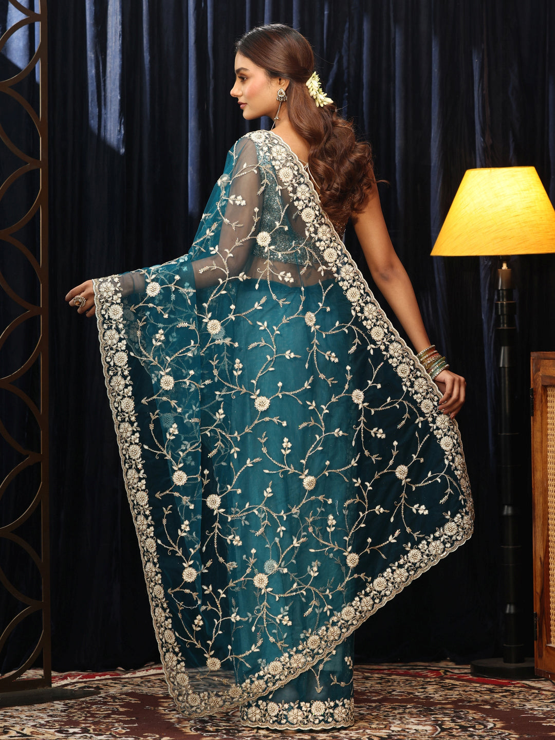  Teal Blue Floral Embroidered Net Saree 