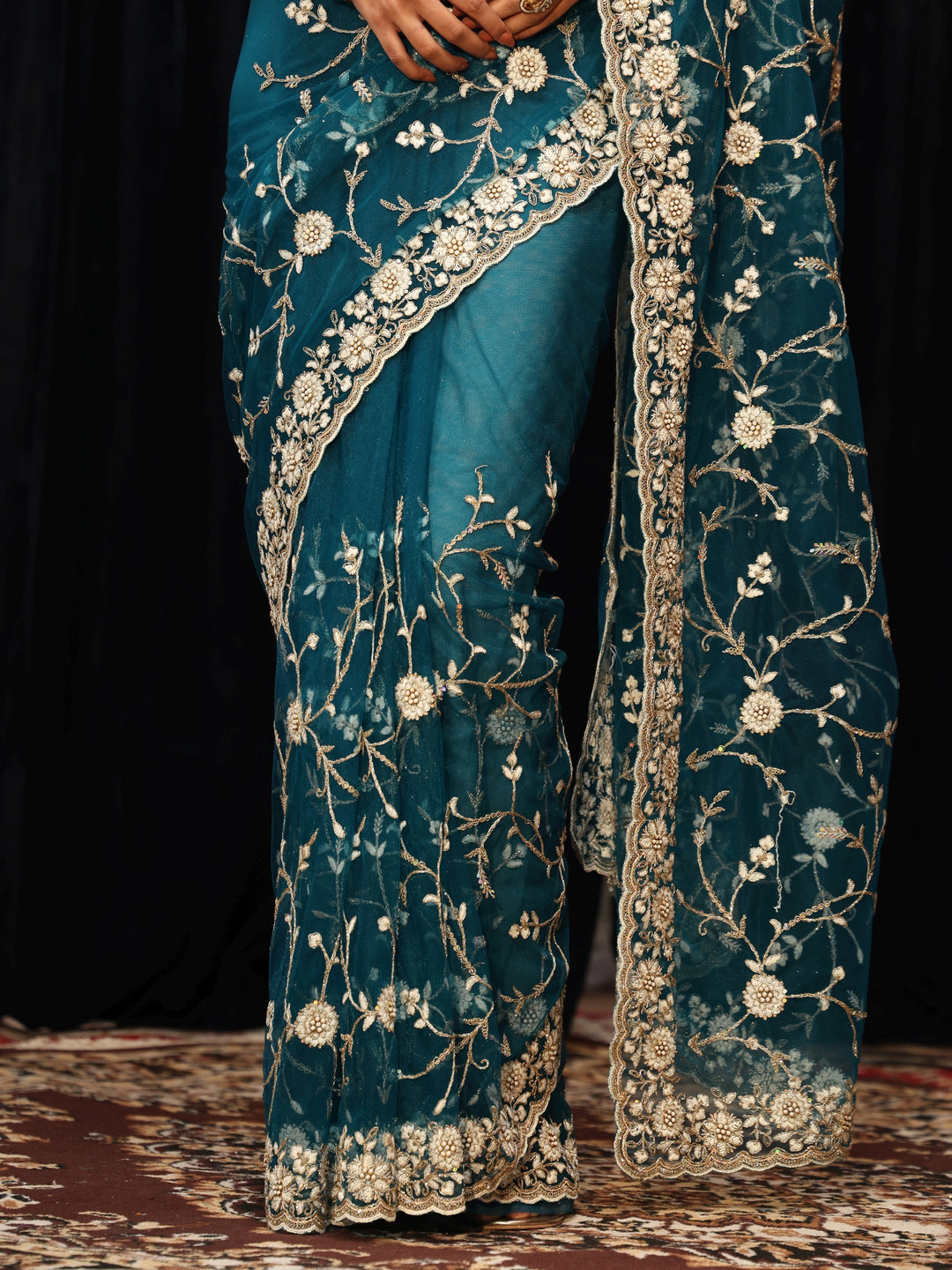  Teal Blue Floral Embroidered Net Saree 