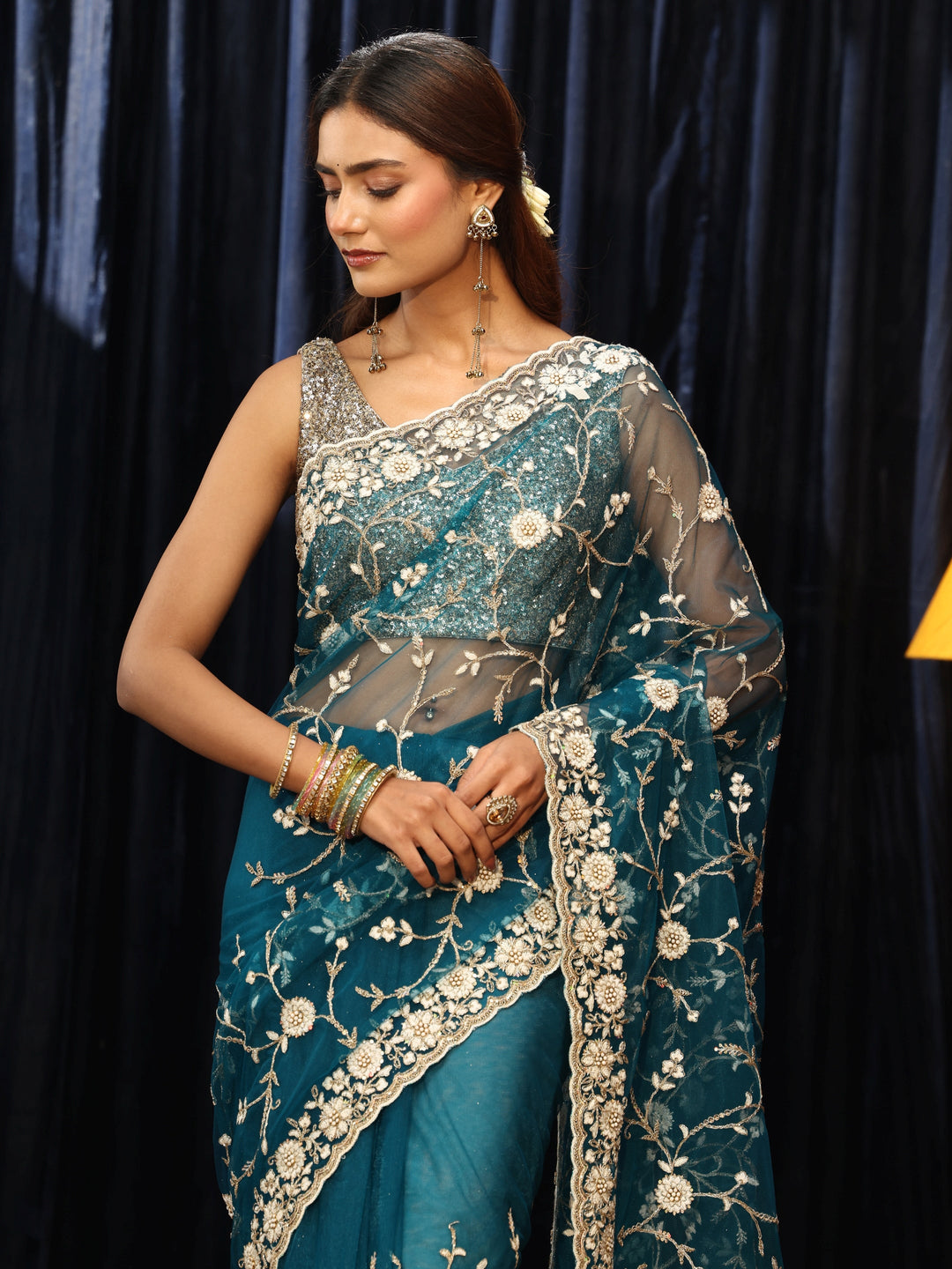  Teal Blue Floral Embroidered Net Saree 