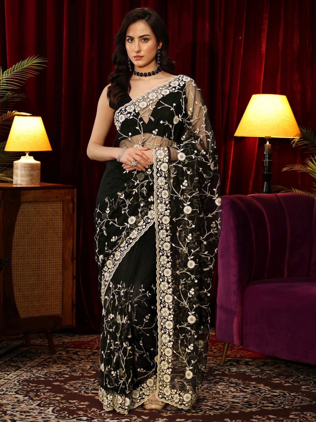  Black Floral Embroidered Net Saree 