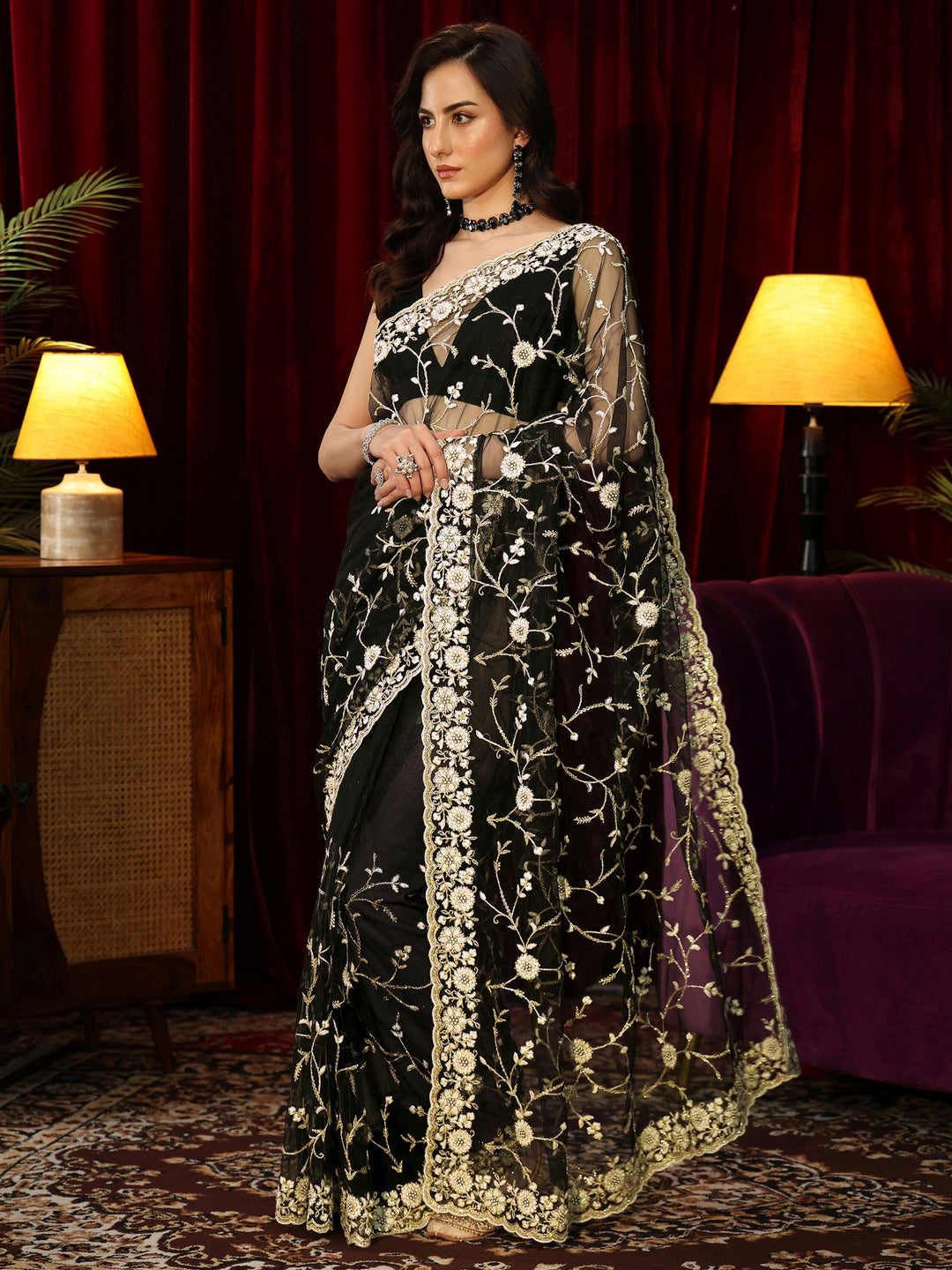  Black Floral Embroidered Net Saree 