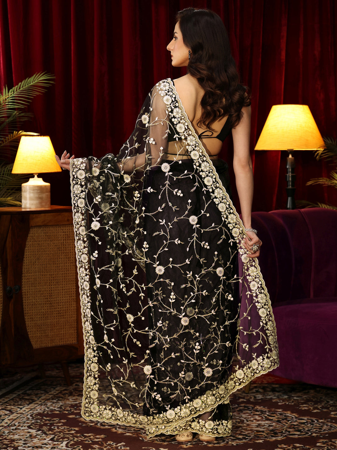  Black Floral Embroidered Net Saree 