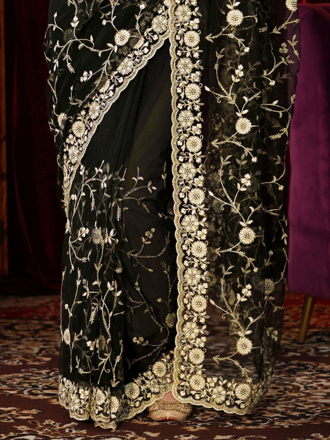  Black Floral Embroidered Net Saree 
