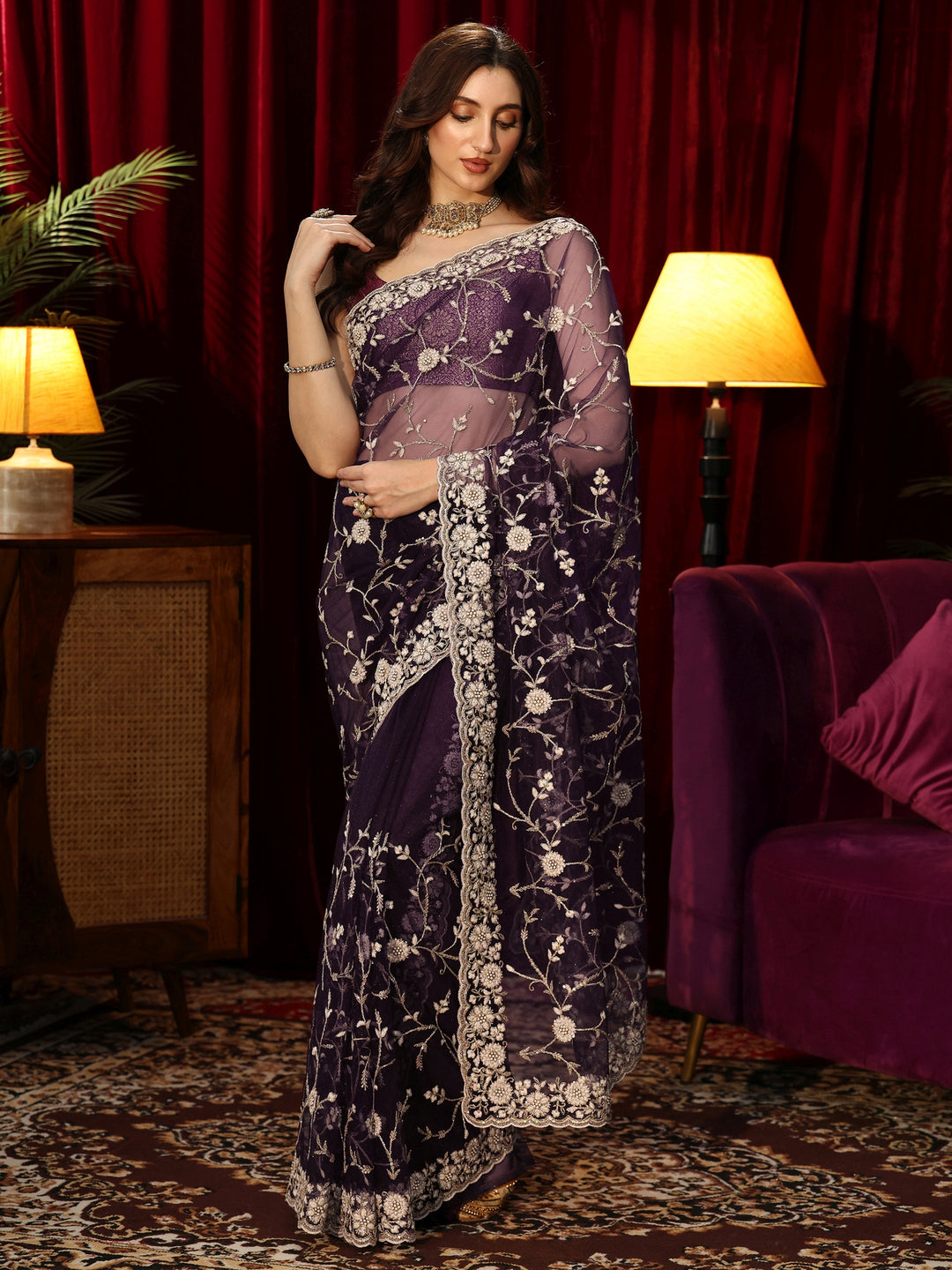  Dark Purple Floral Embroidered Net Saree 