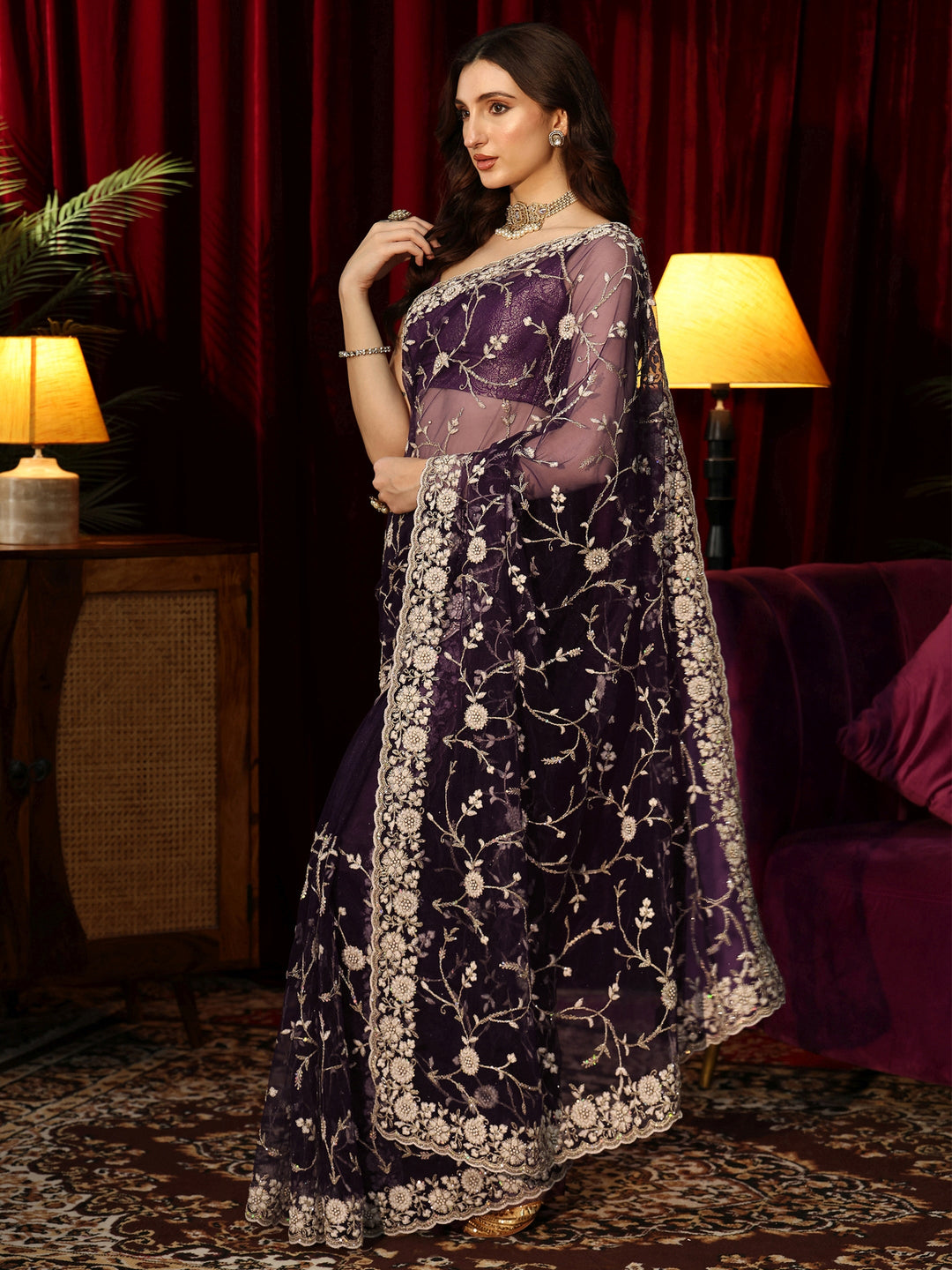  Dark Purple Floral Embroidered Net Saree 