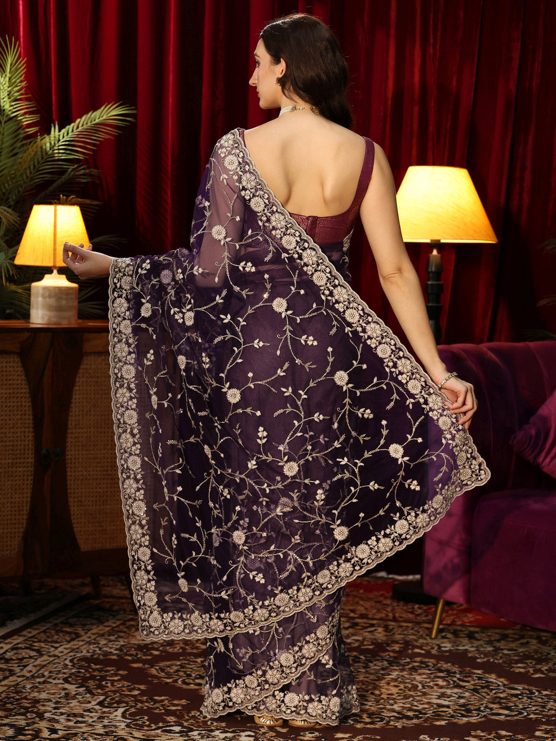  Dark Purple Floral Embroidered Net Saree 
