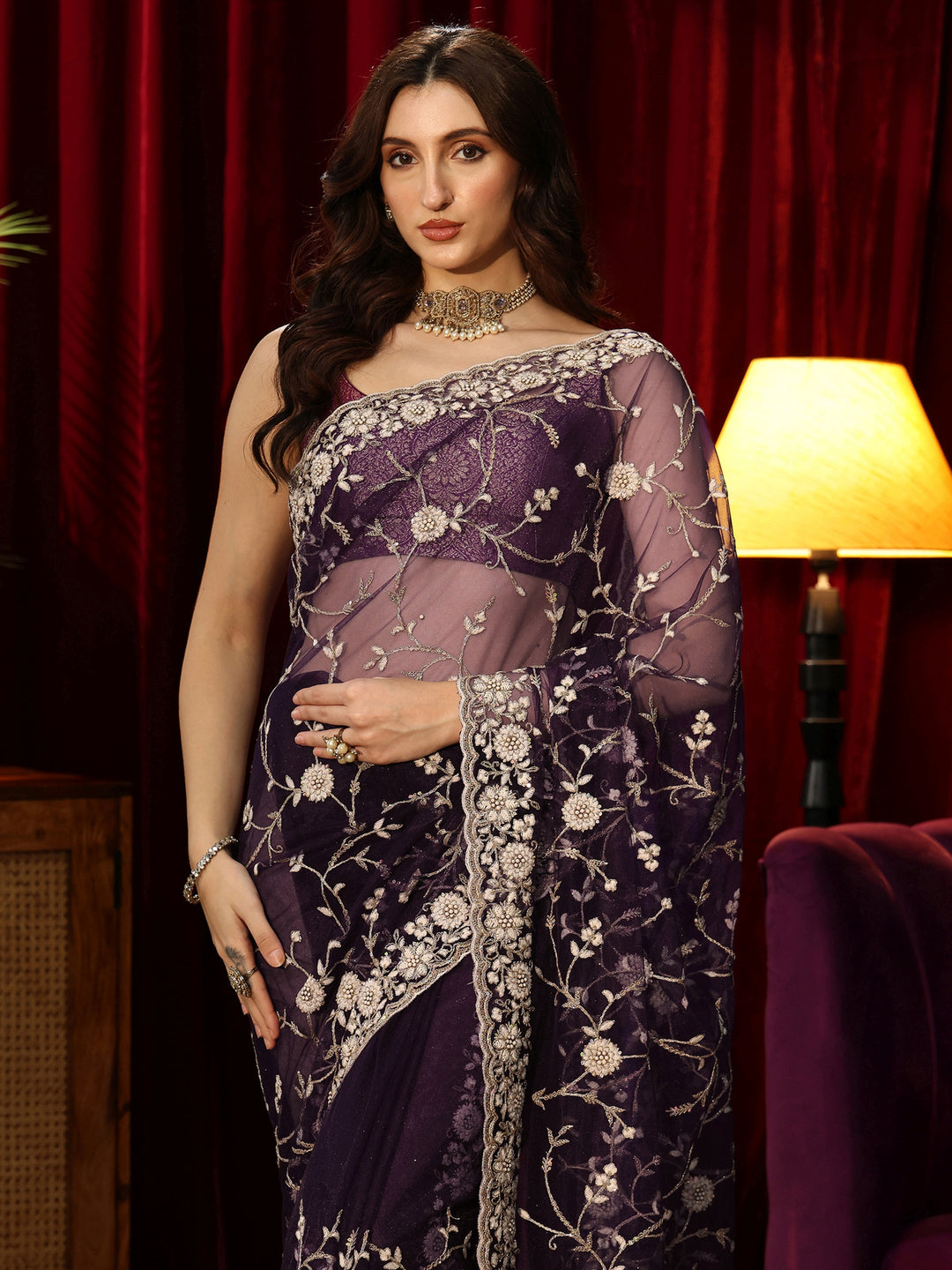  Dark Purple Floral Embroidered Net Saree 
