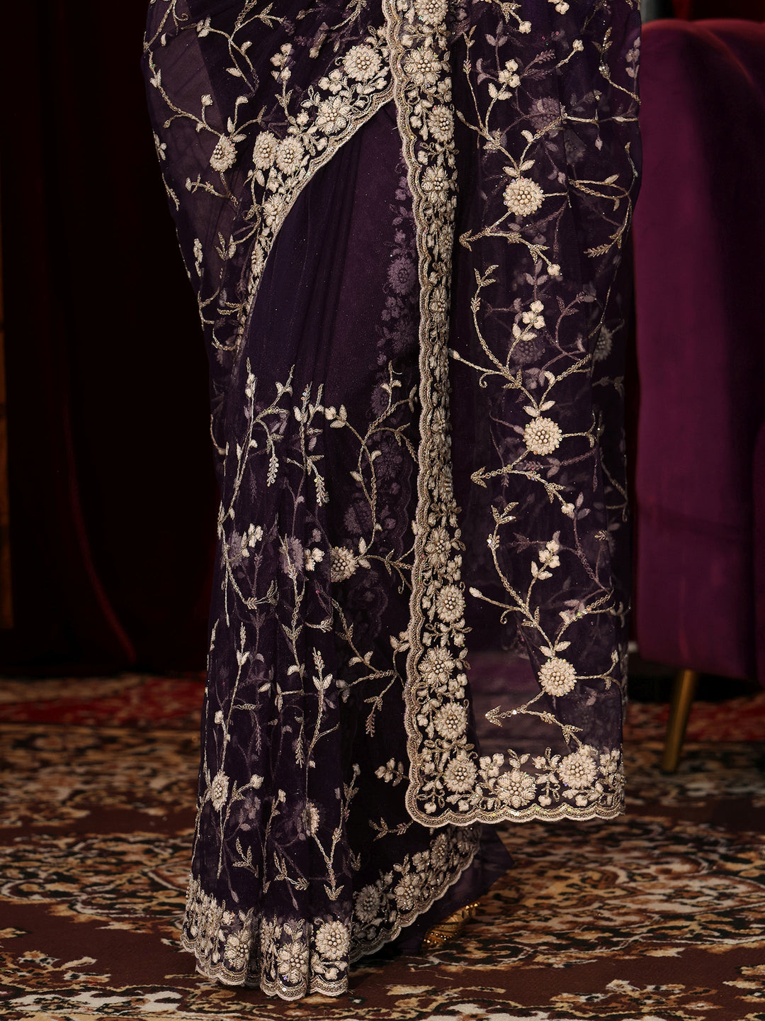  Dark Purple Floral Embroidered Net Saree 