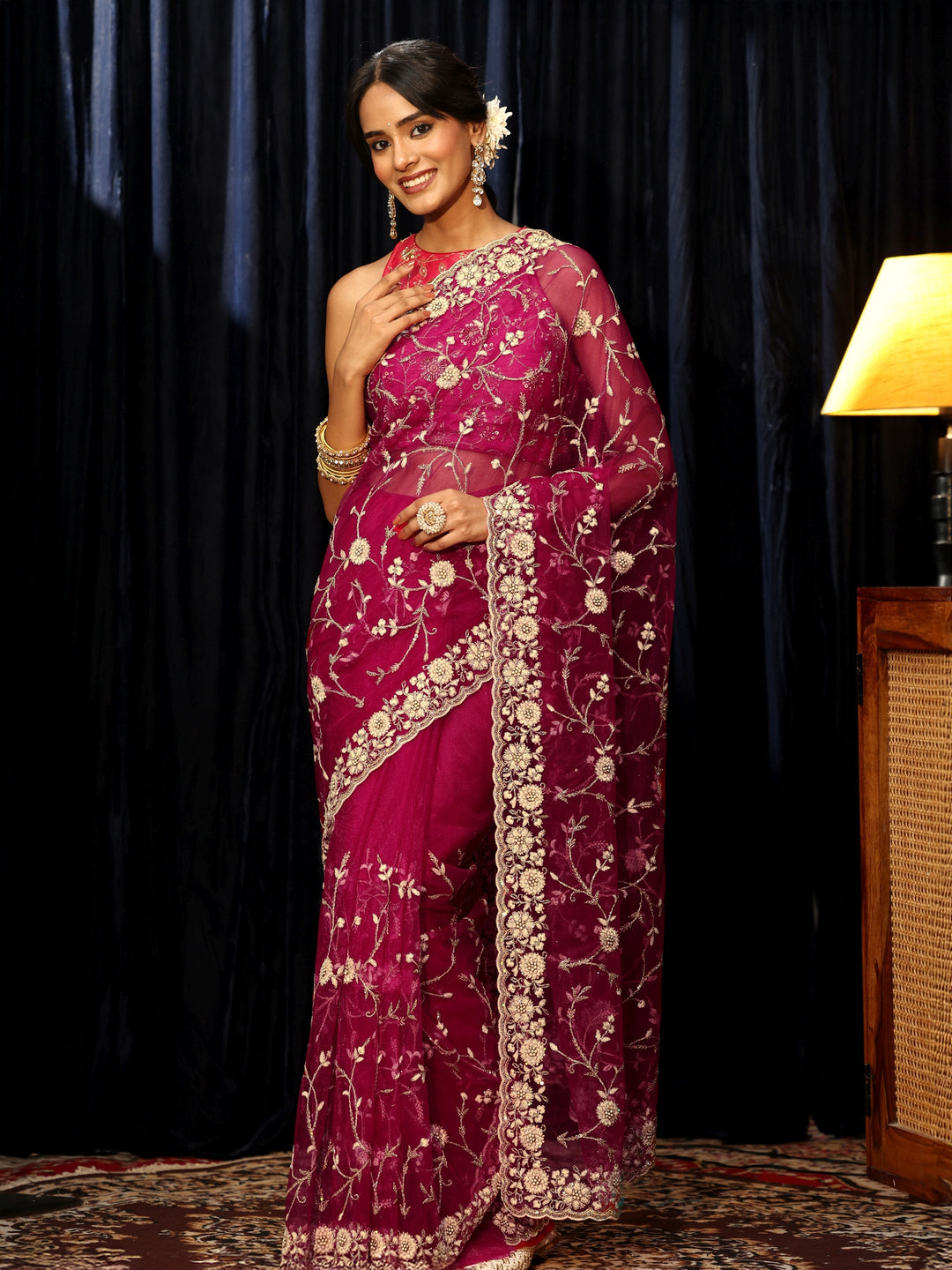  Magenta Pink Floral Embroidered Net Saree 
