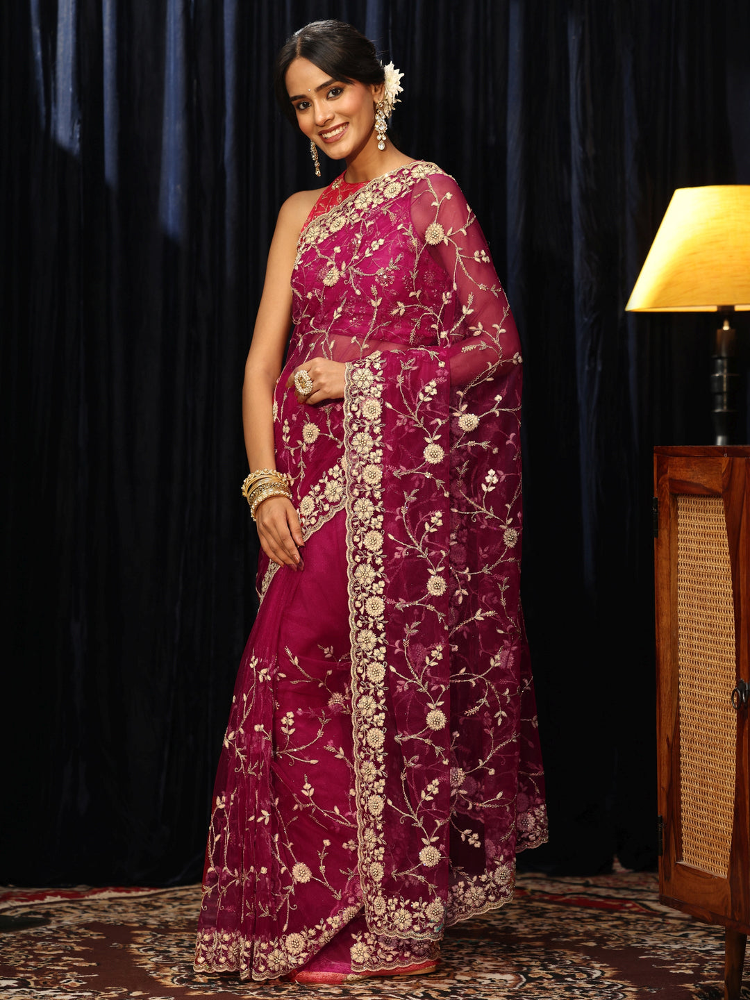  Magenta Pink Floral Embroidered Net Saree 