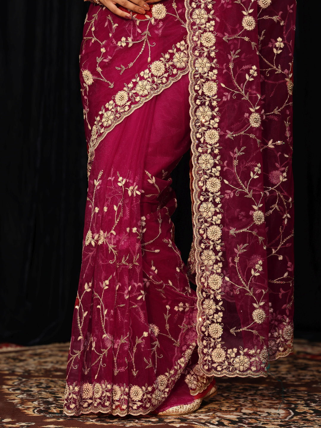  Magenta Pink Floral Embroidered Net Saree 