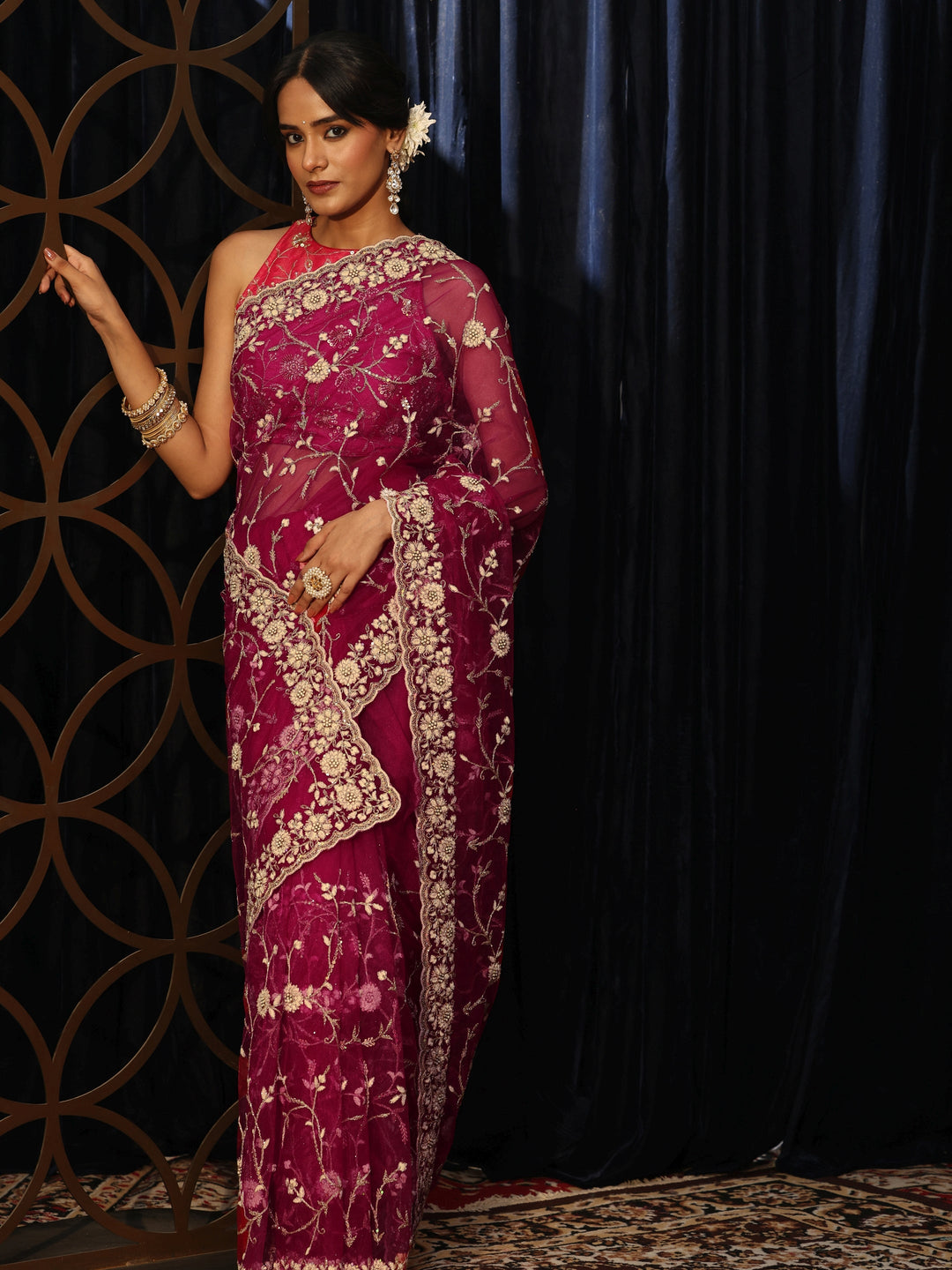  Magenta Pink Floral Embroidered Net Saree 