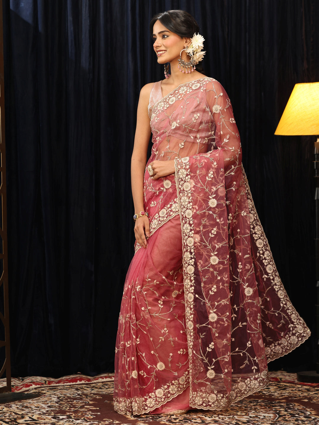  Peach Floral Embroidered Net Saree 