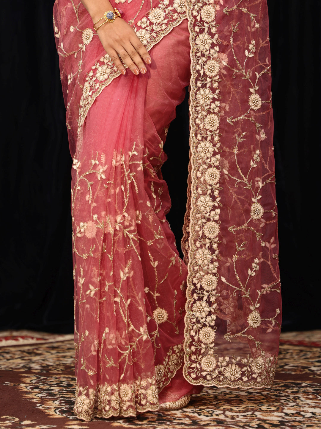  Peach Floral Embroidered Net Saree 