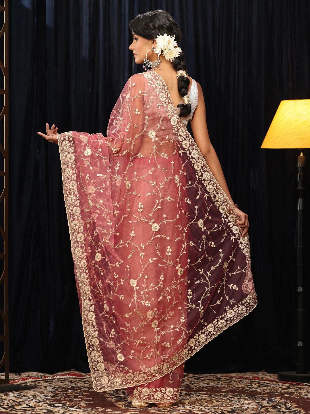  Peach Floral Embroidered Net Saree 
