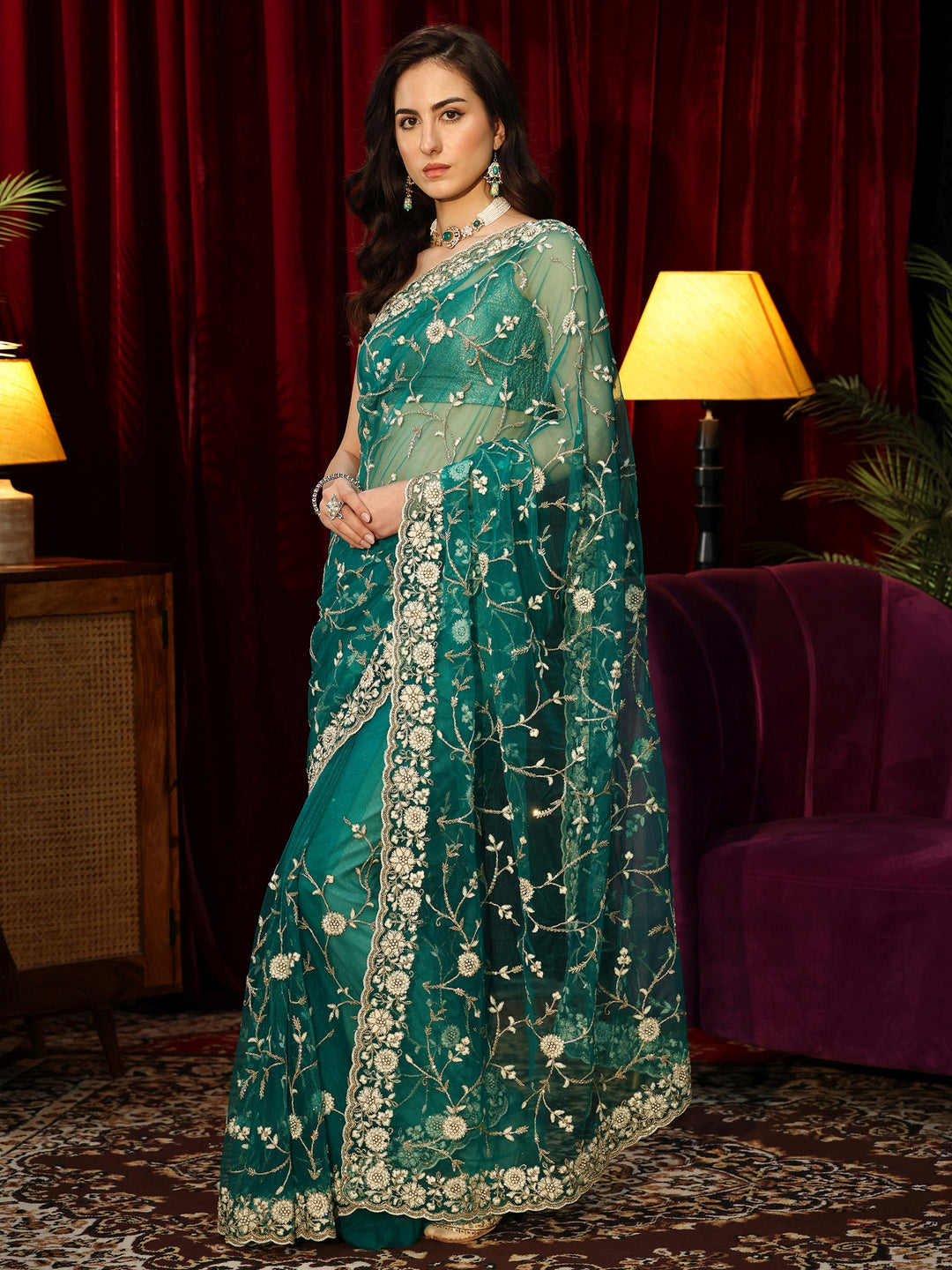  Bottle Green Floral Embroidered Net Saree 