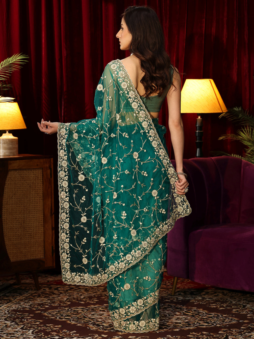  Bottle Green Floral Embroidered Net Saree 