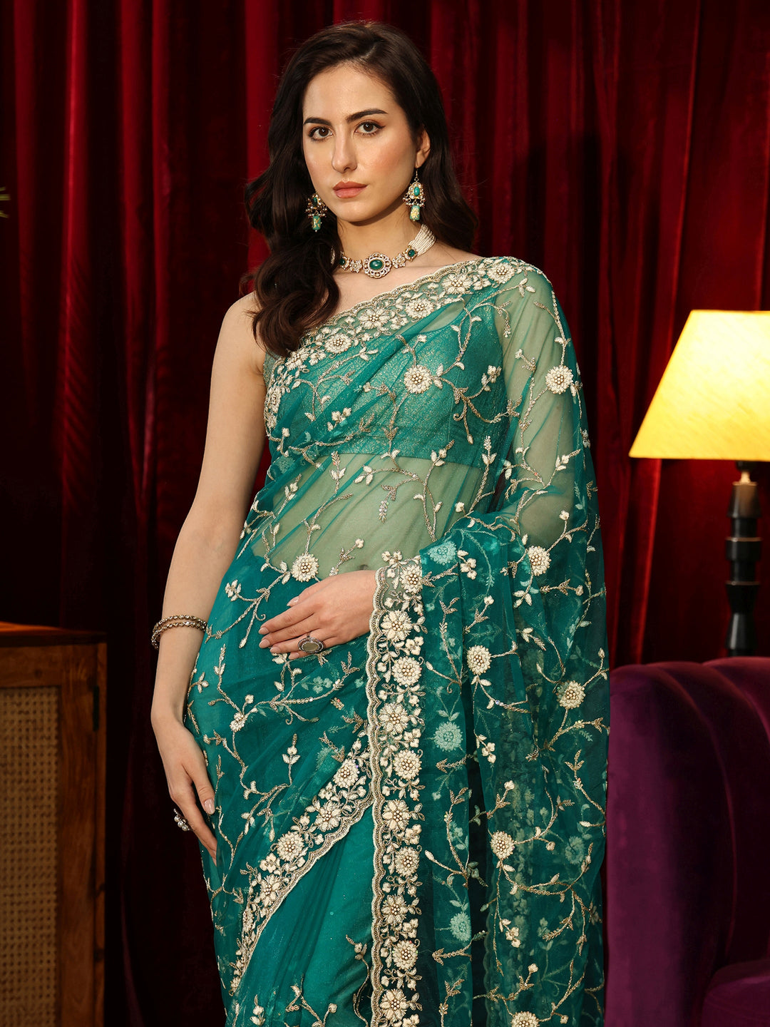  Bottle Green Floral Embroidered Net Saree 
