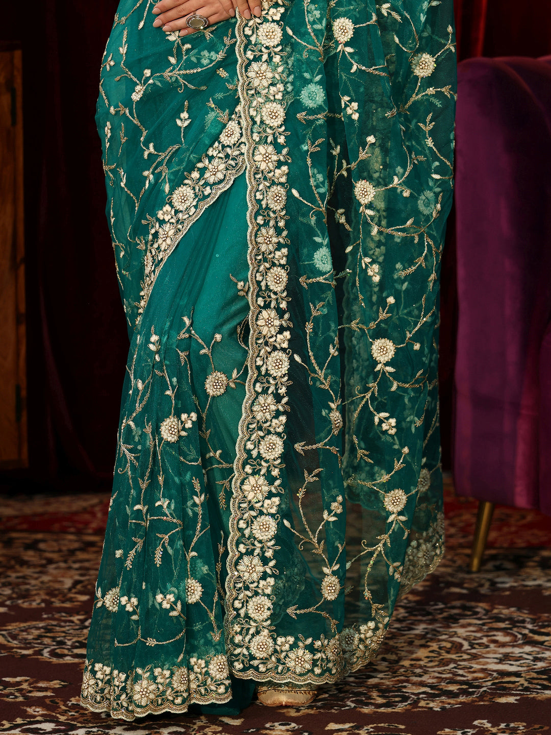  Bottle Green Floral Embroidered Net Saree 