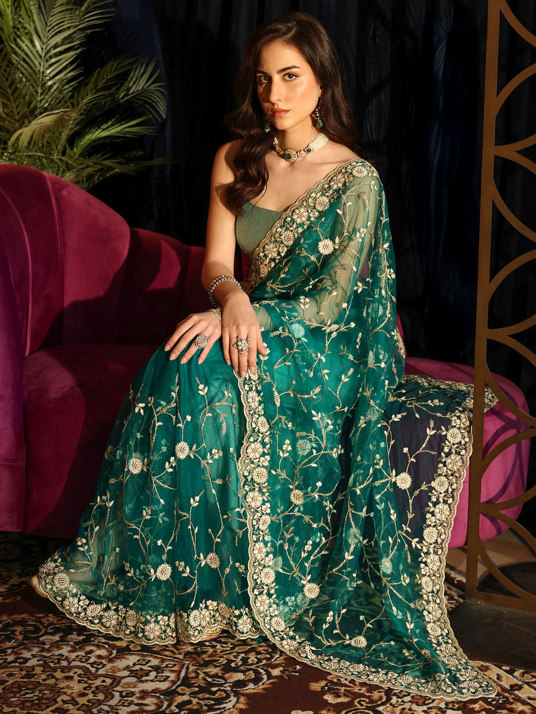  Bottle Green Floral Embroidered Net Saree 