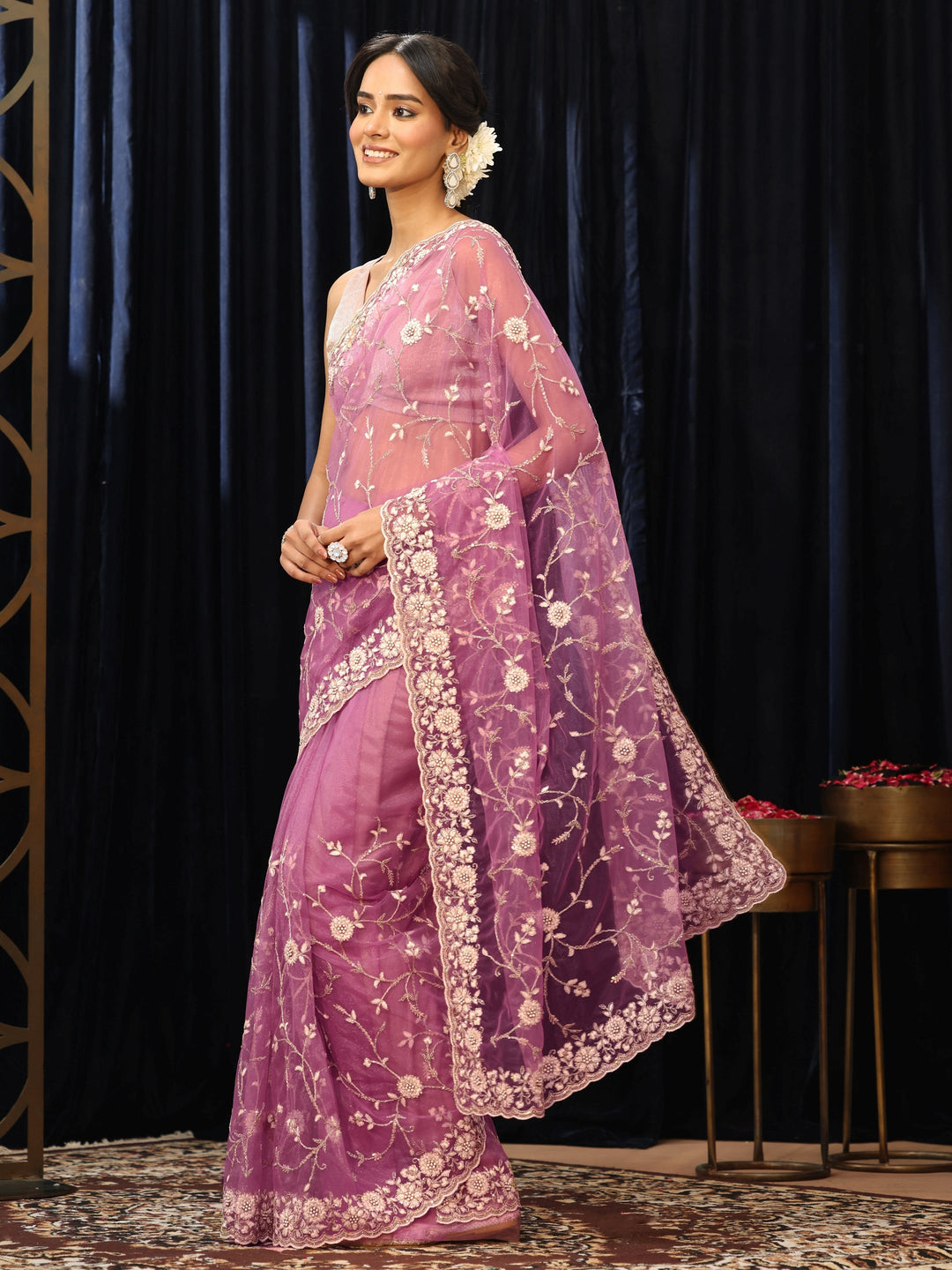  Lavender Floral Embroidered Net Saree 