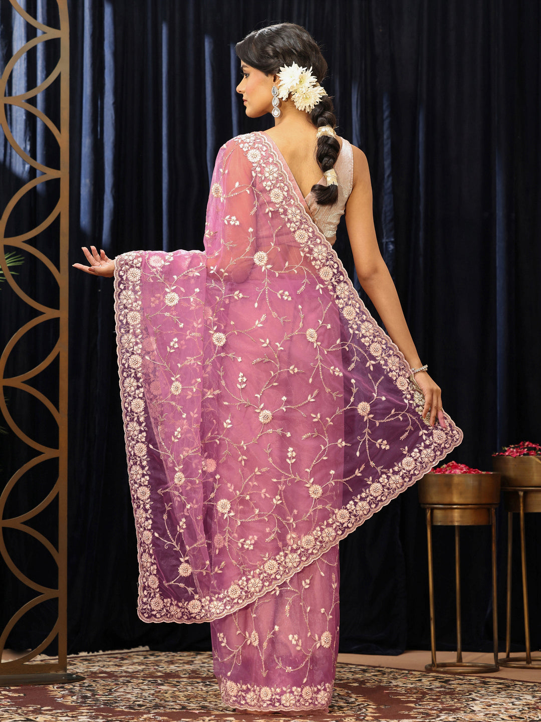  Lavender Floral Embroidered Net Saree 