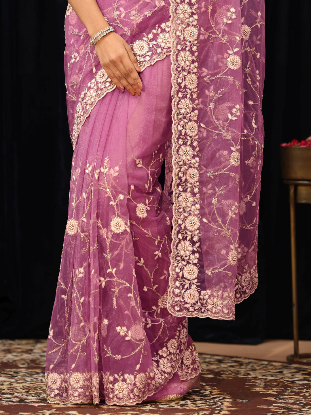  Lavender Floral Embroidered Net Saree 