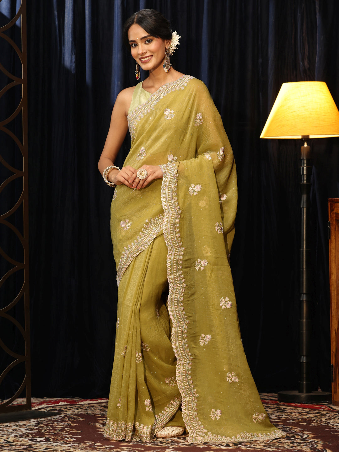  Light Henna Green Floral Embroidered Chiffon Saree 