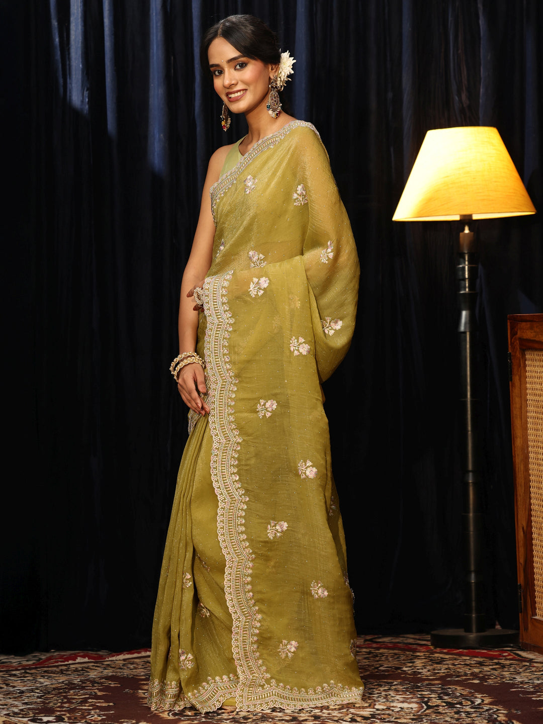  Light Henna Green Floral Embroidered Chiffon Saree 