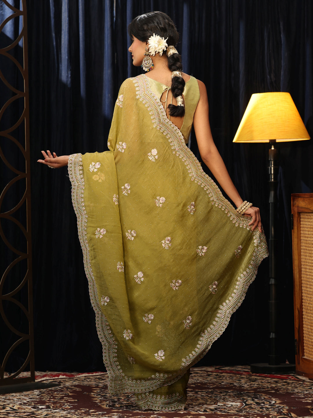  Light Henna Green Floral Embroidered Chiffon Saree 