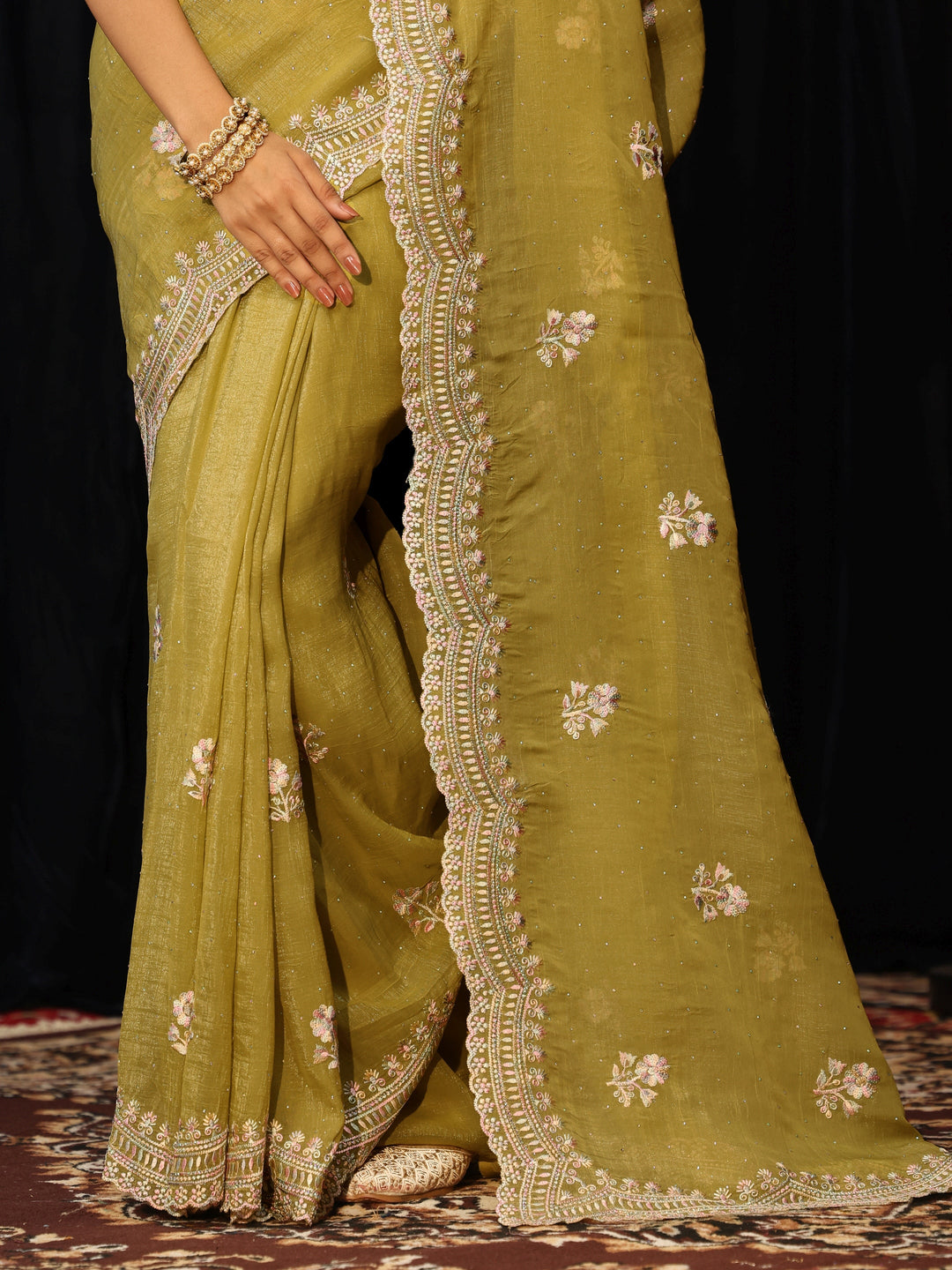  Light Henna Green Floral Embroidered Chiffon Saree 