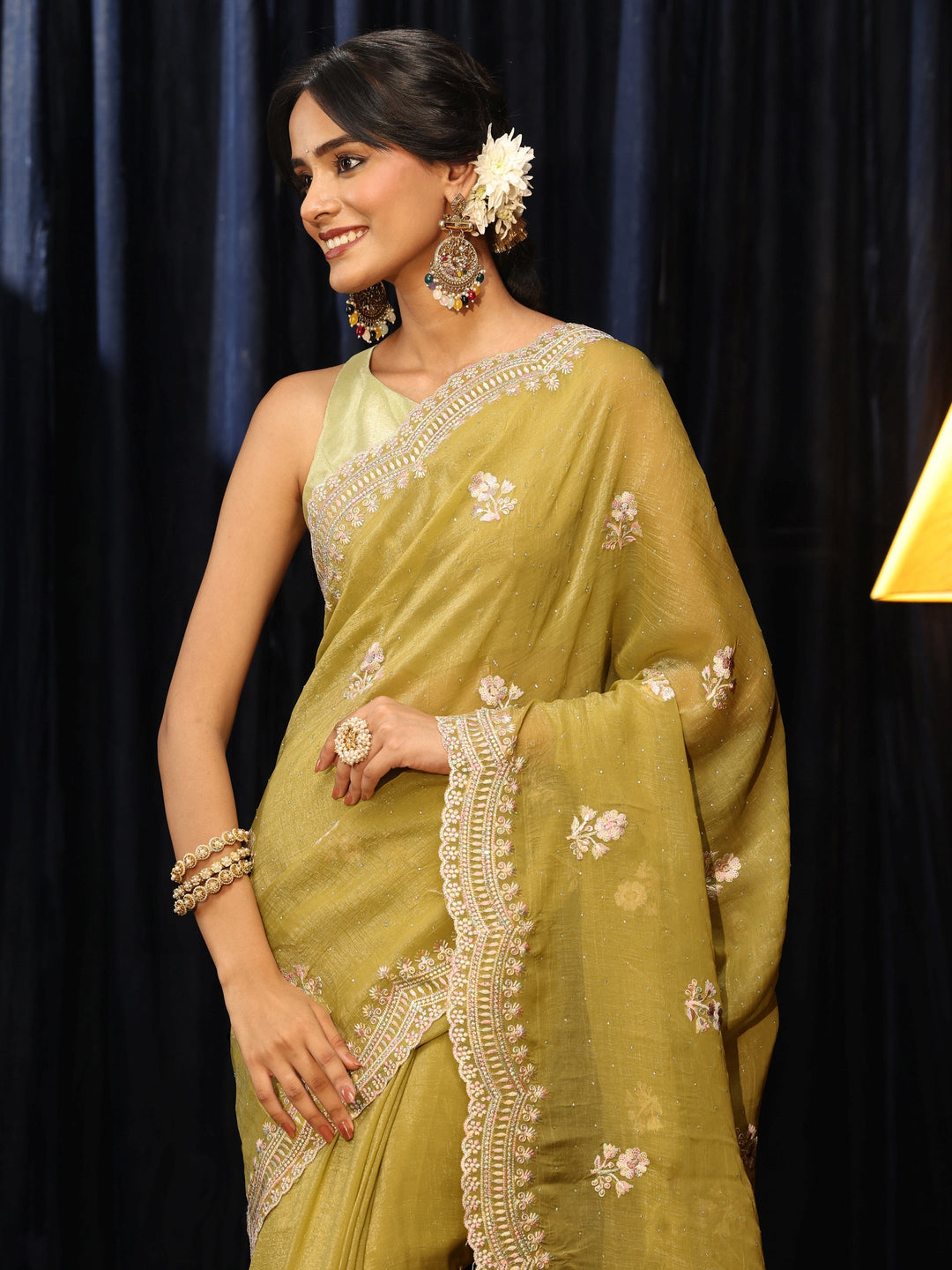  Light Henna Green Floral Embroidered Chiffon Saree 
