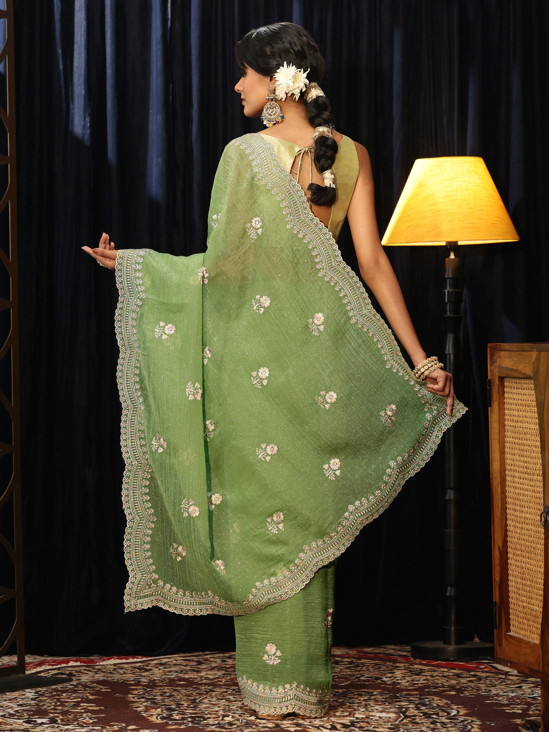  Sage Green Floral Embroidered Chiffon Saree 