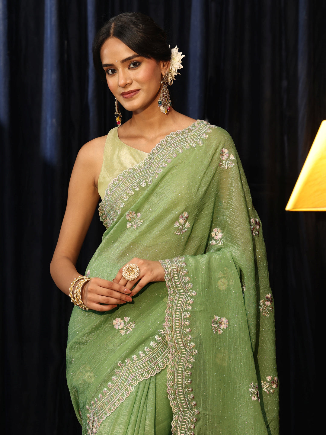  Sage Green Floral Embroidered Chiffon Saree 