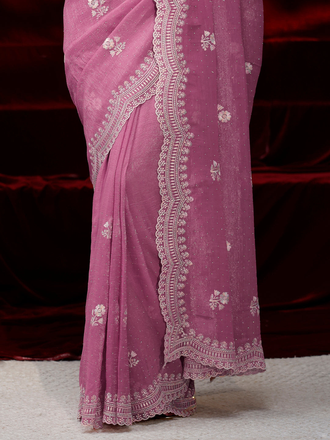 Libas Pink Floral Embroidered Chiffon Saree 