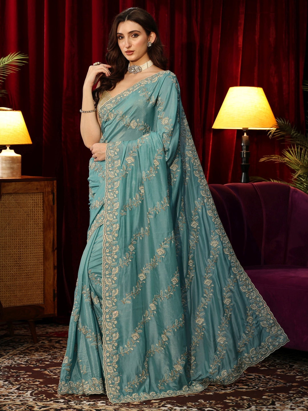  Dusty Aqua Blue Floral Embroidered Satin Saree 