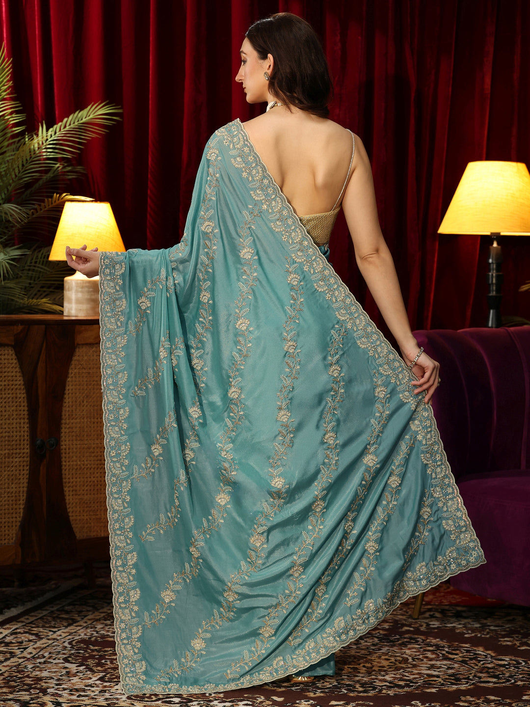  Dusty Aqua Blue Floral Embroidered Satin Saree 
