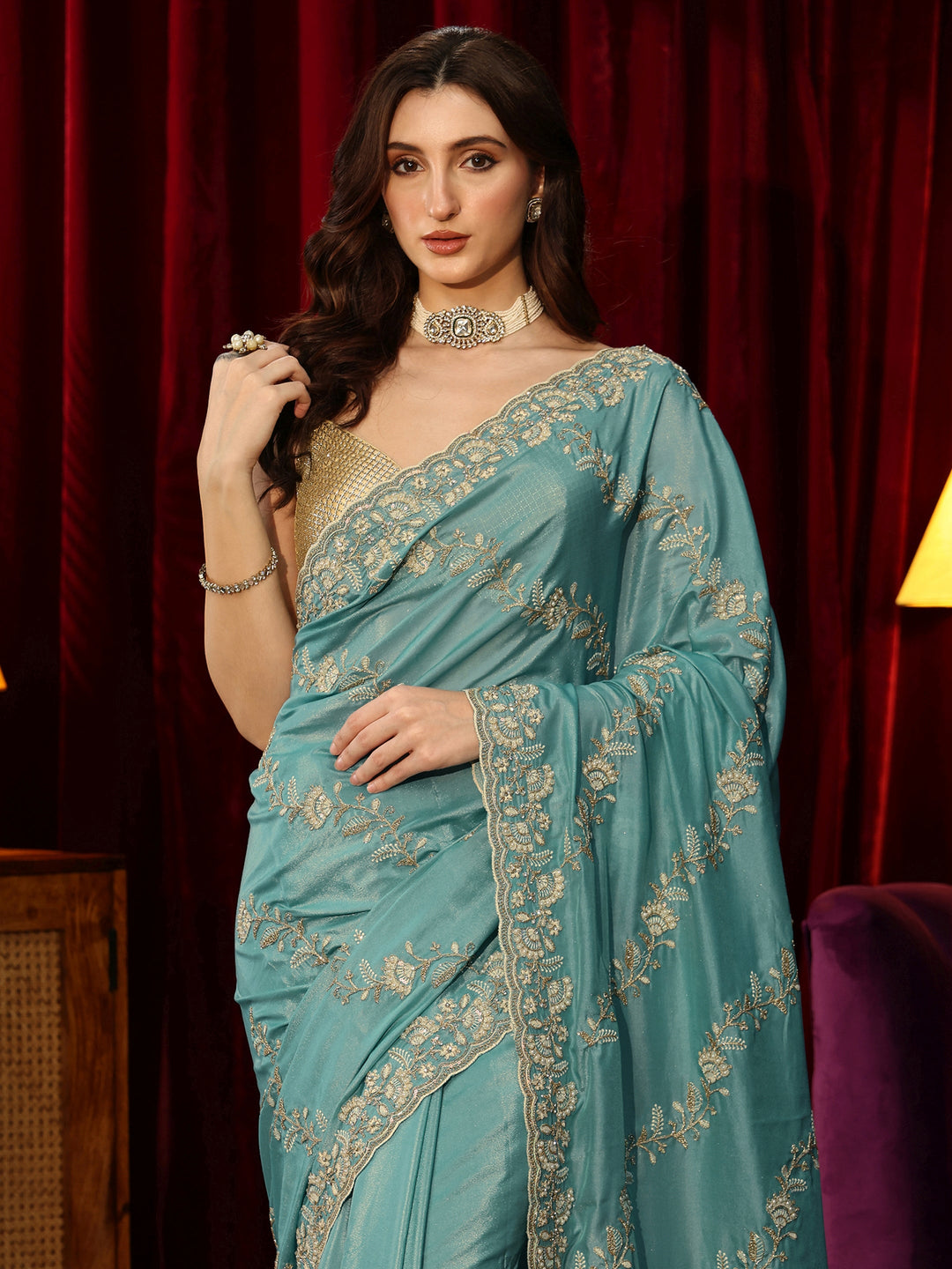  Dusty Aqua Blue Floral Embroidered Satin Saree 