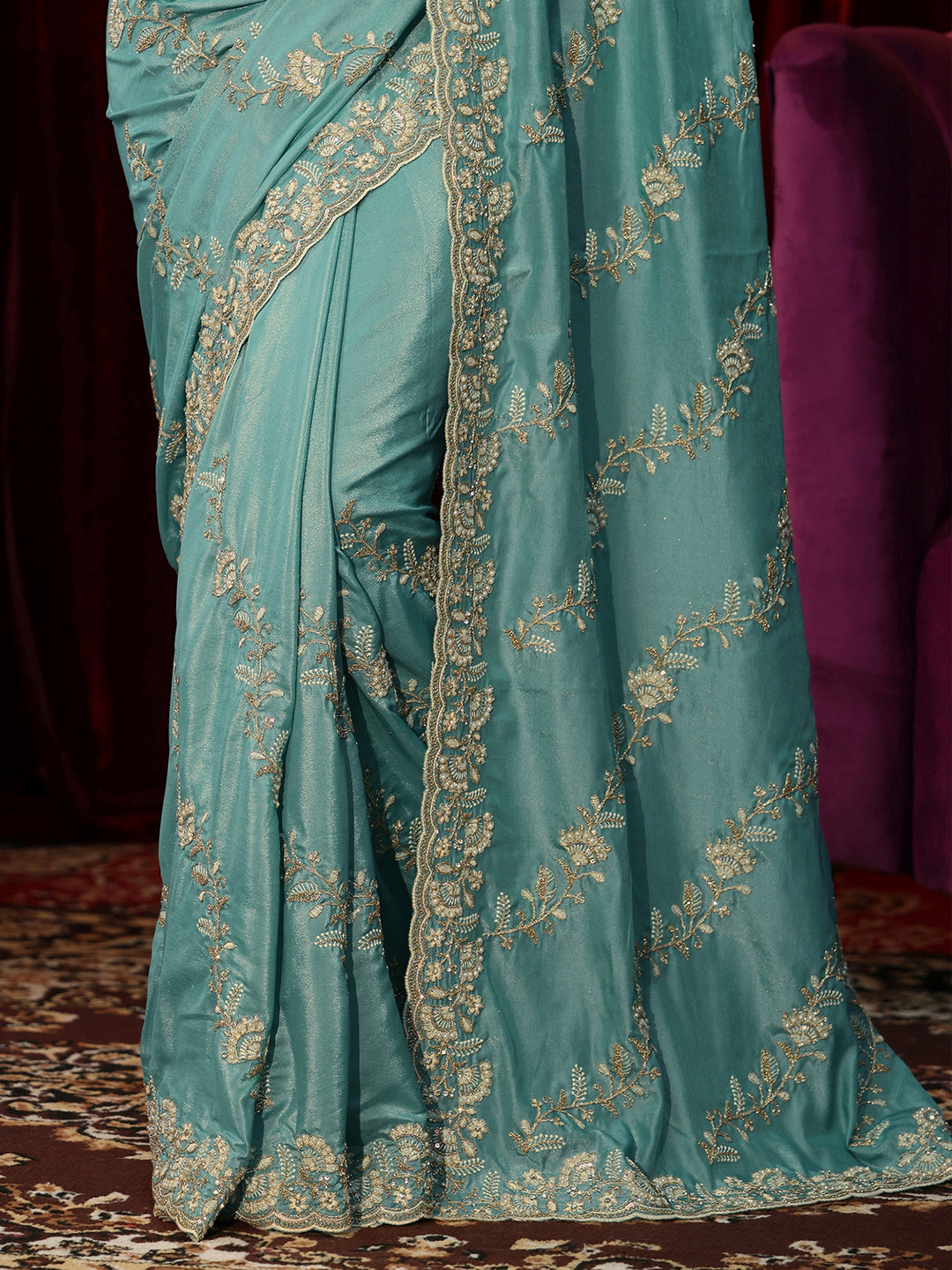  Dusty Aqua Blue Floral Embroidered Satin Saree 