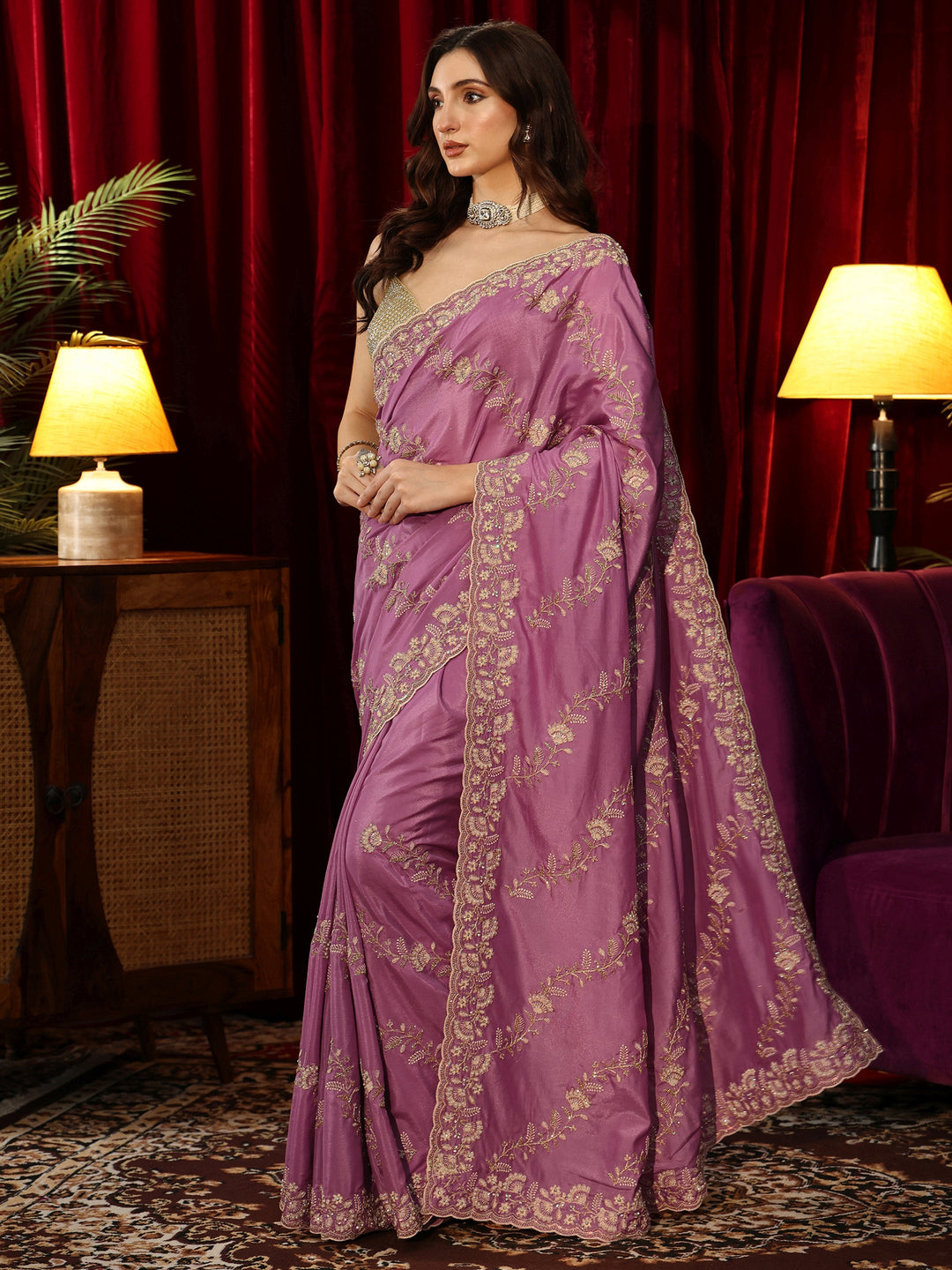  Dusty Rose Pink Floral Embroidered Net Saree 