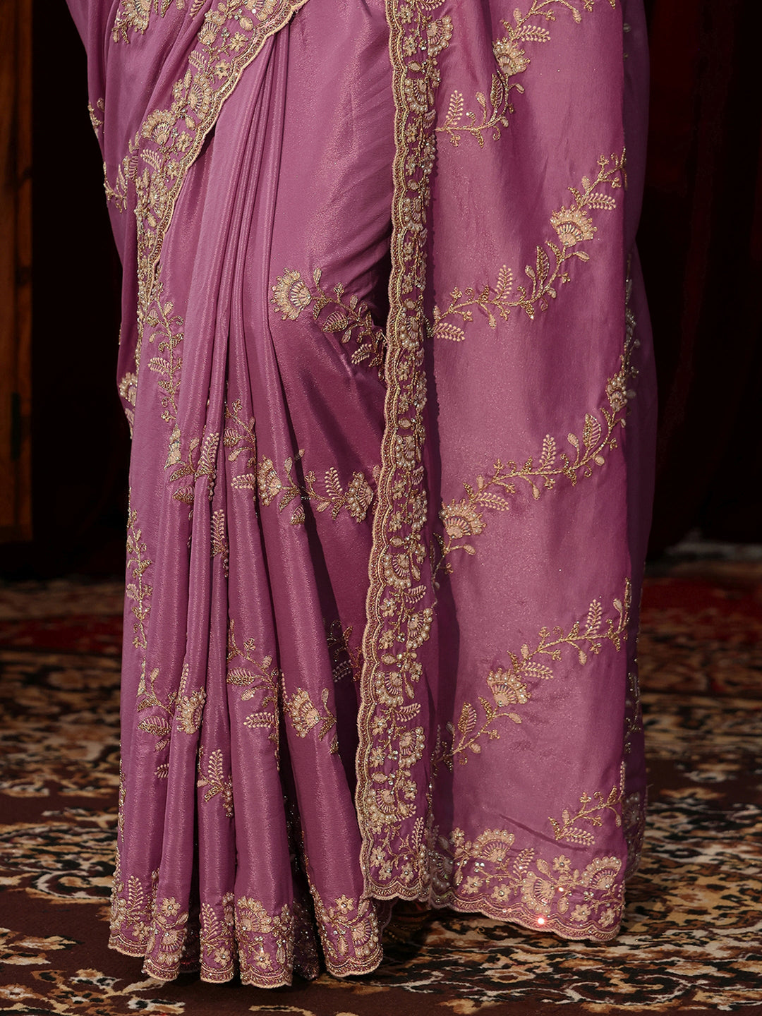  Dusty Rose Pink Floral Embroidered Net Saree 