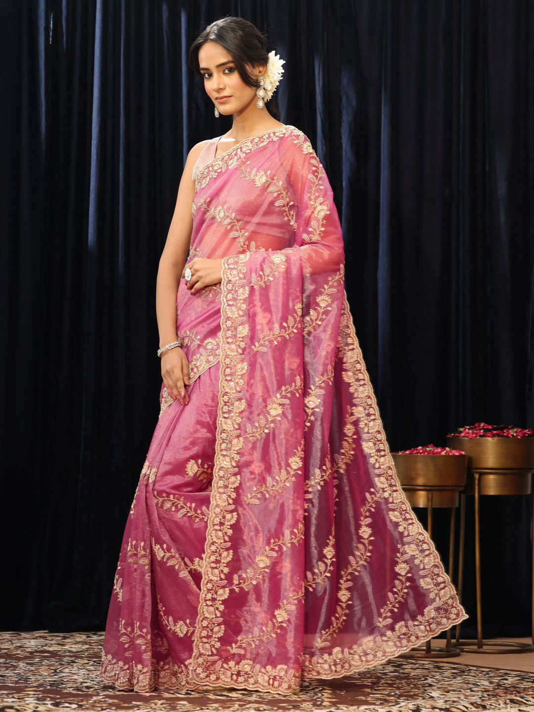  Mauve Floral Embroidered Net Saree 