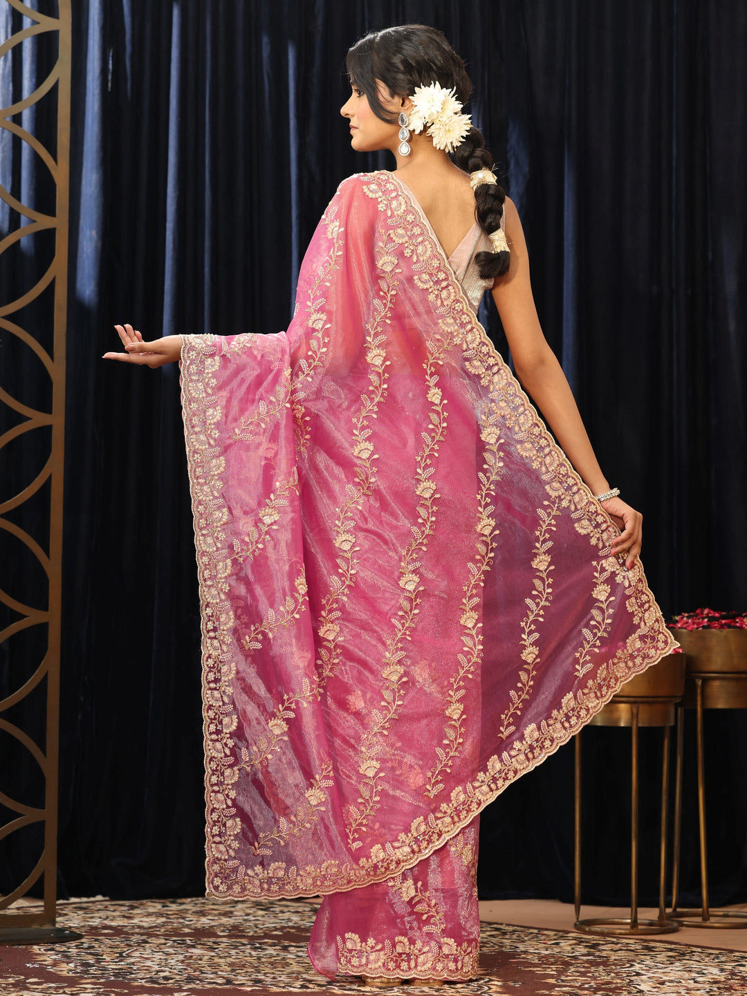  Mauve Floral Embroidered Net Saree 
