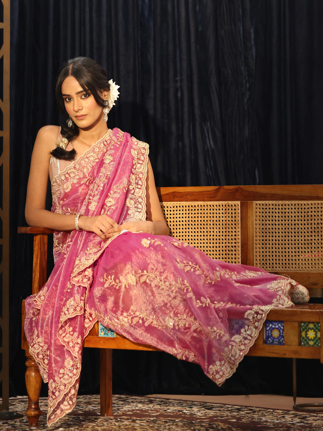  Mauve Floral Embroidered Net Saree 